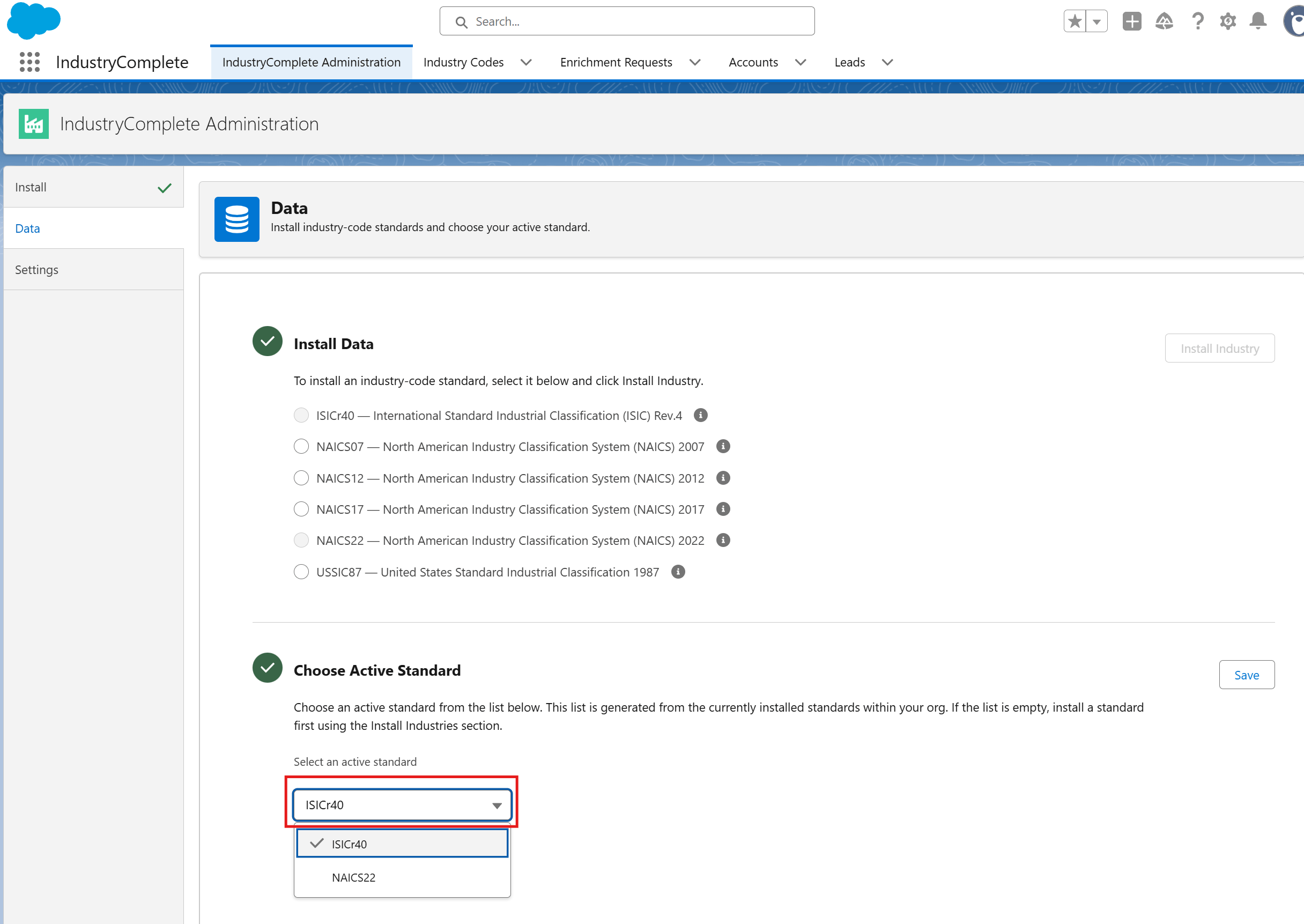 Selecting the active standard on the Data tab of IndustryComplete Administration