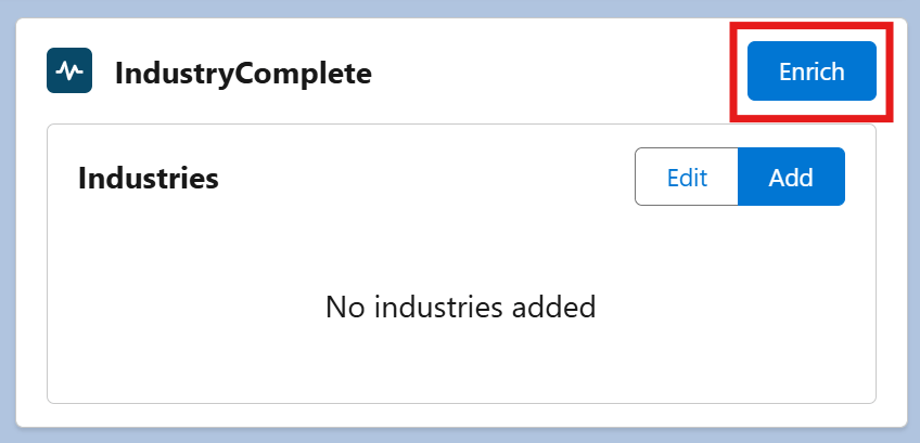 The Enrich button on the Record Enrichment component, on a Lead or Account record page
