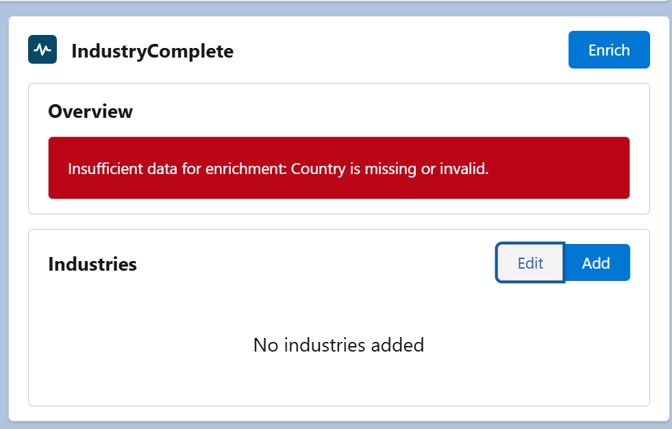 An enrichment error on the Record Enrichment component (Lead or Account record): "Insufficient data for enrichment: Country is missing or invalid"