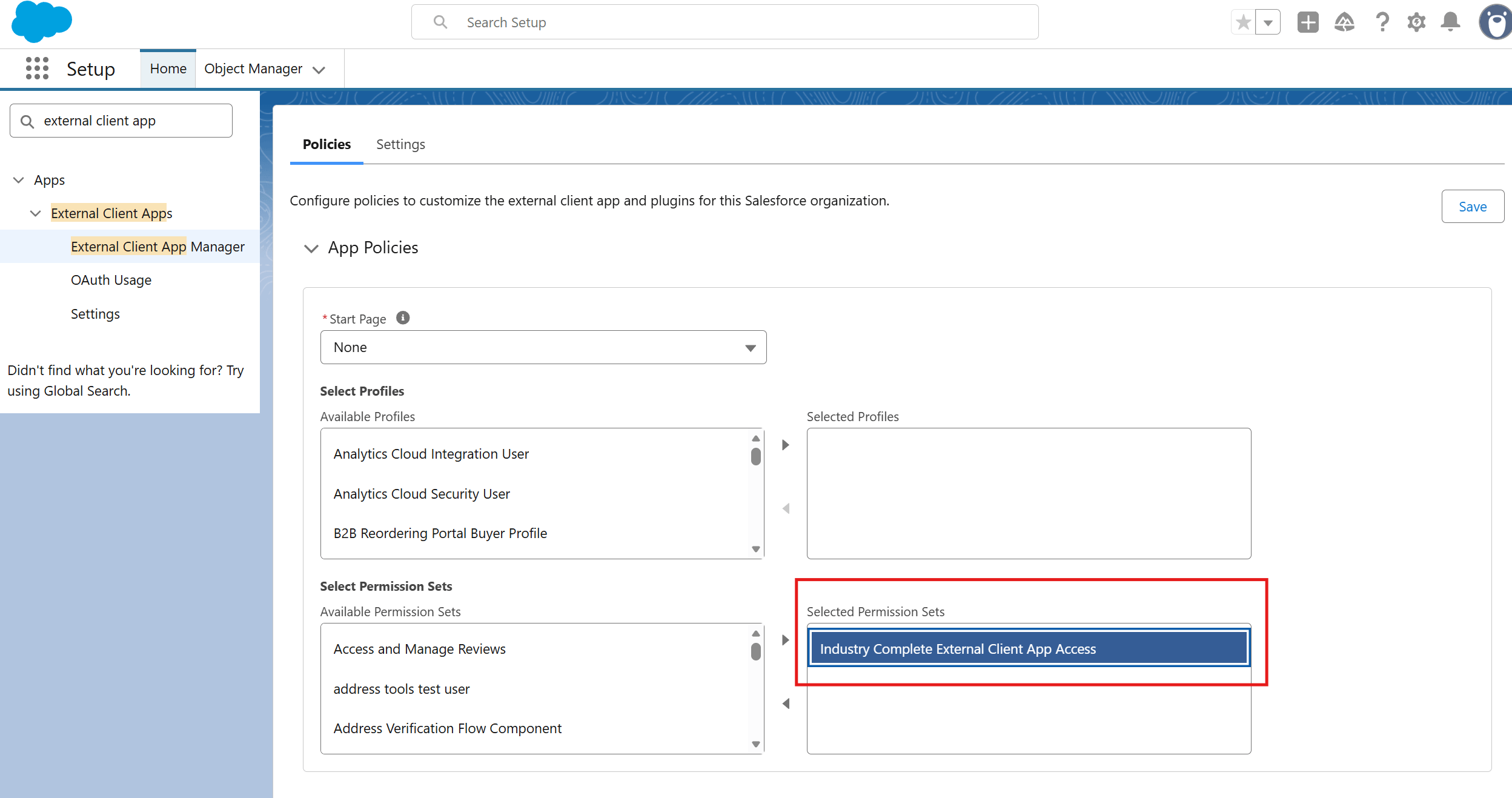 Adding the External Client App Access Permission Set under App Policies in Setup > External Client App Manager > IndustryComplete