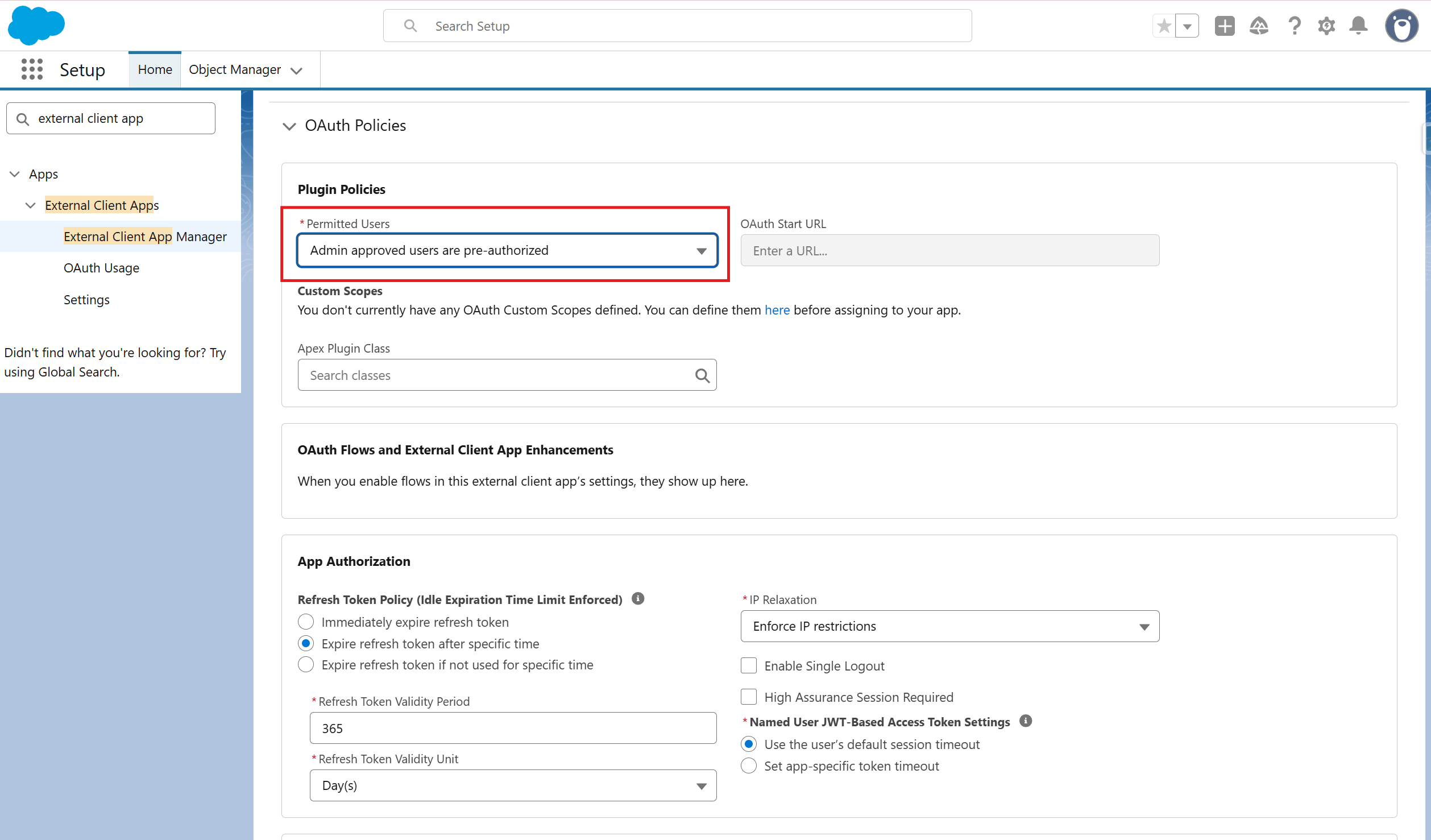 Setting Permitted Users to "Admin approved users are pre-authorized" under OAuth Policies in Setup > External Client App Manager > IndustryComplete