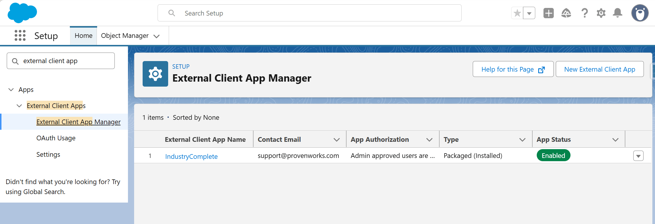 The IndustryComplete External Client App in Setup > External Client App Manager