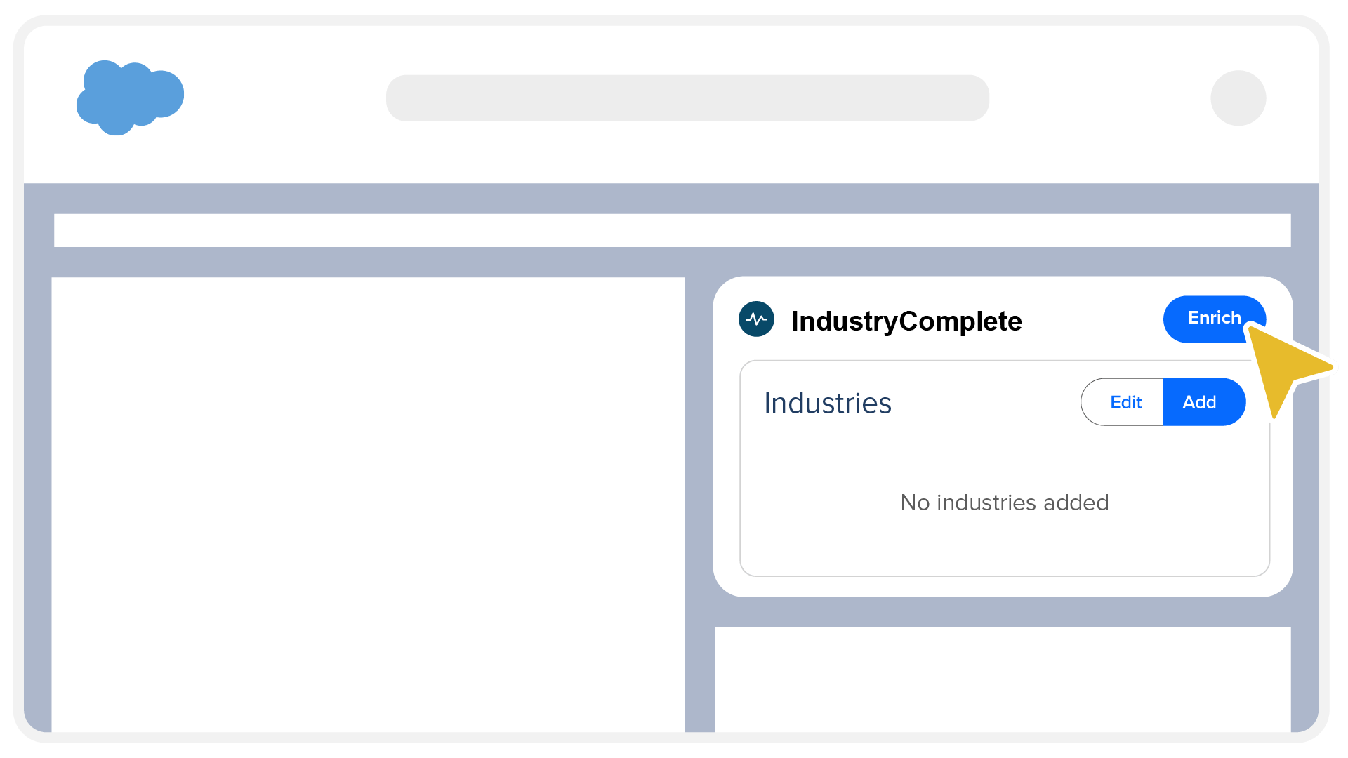 The IndustryComplete component on a Salesforce record page, ready to run an enrichment with the Enrich button
