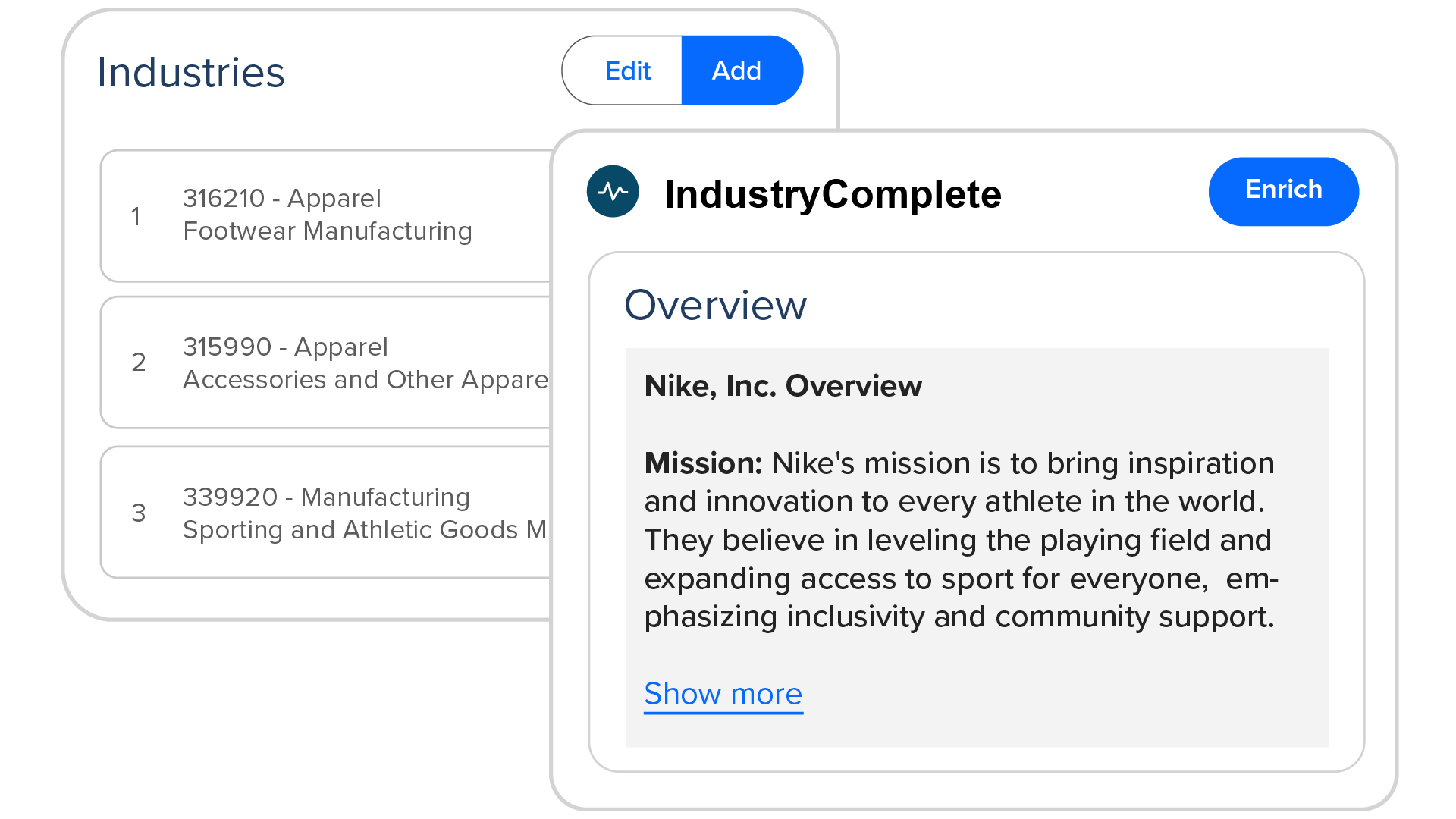 The IndustryComplete component showing an AI-generated company overview beside a record's ranked list of industry codes