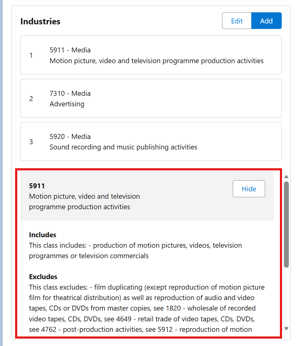 The expanded details panel for an industry code on the Industries card on a record