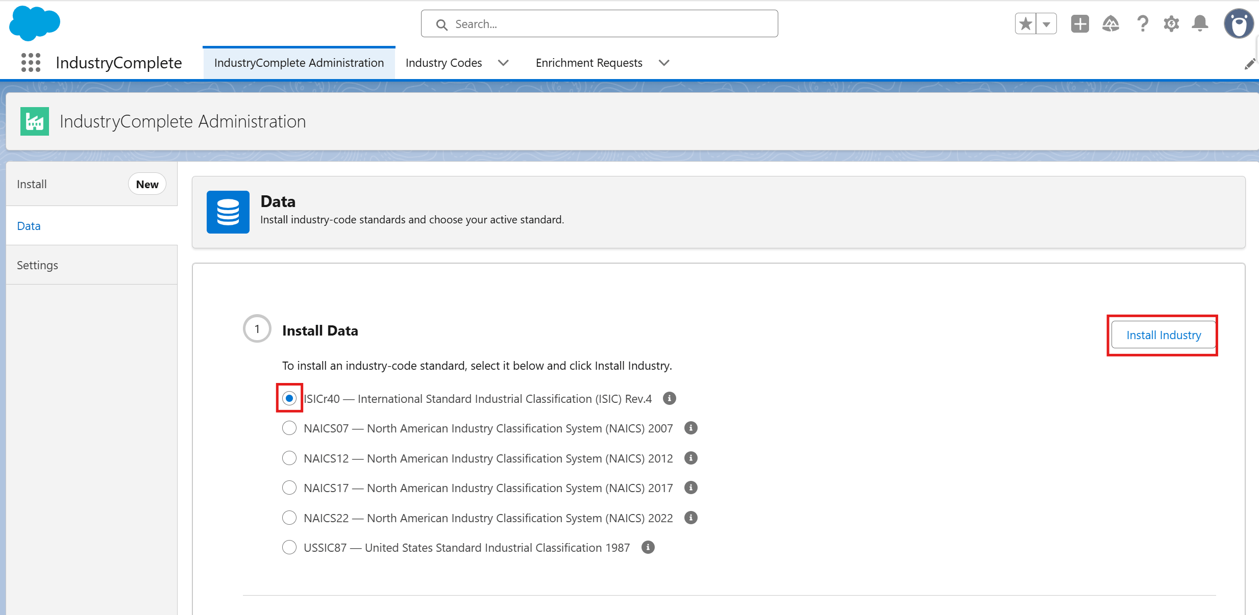 Installing an industry classification standard on the Data tab of IndustryComplete Administration (open it from the App Launcher)