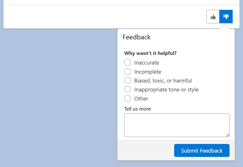 Leaving negative feedback (thumbs down) with a reason in the Record Enrichment component's feedback footer on a record