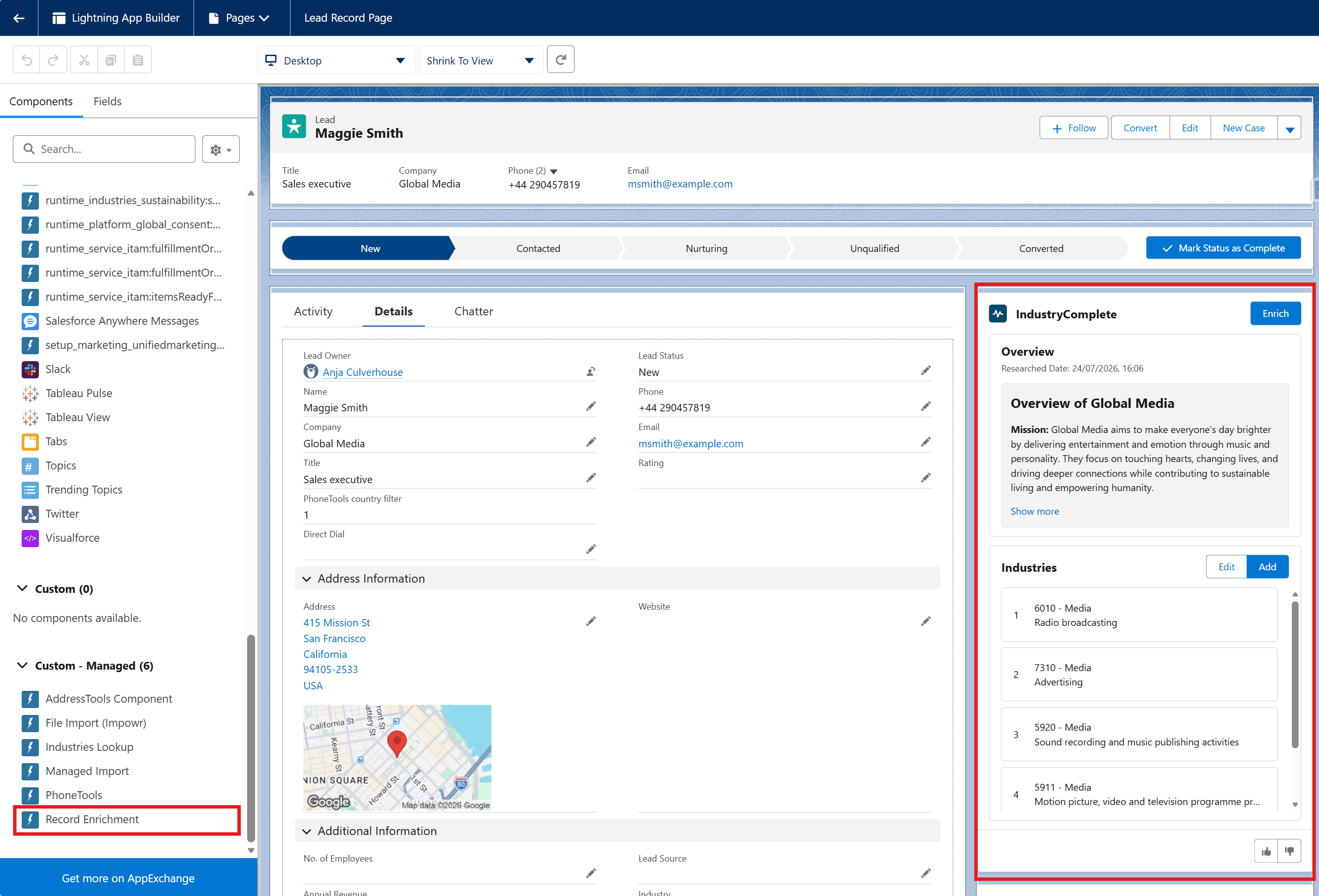 The Record Enrichment component added to a record page in the Lightning App Builder (record page > Setup gear > Edit Page)