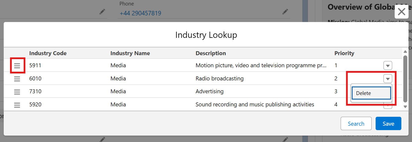Reordering and removing industry codes in the Edit dialog of the Industries card on a record