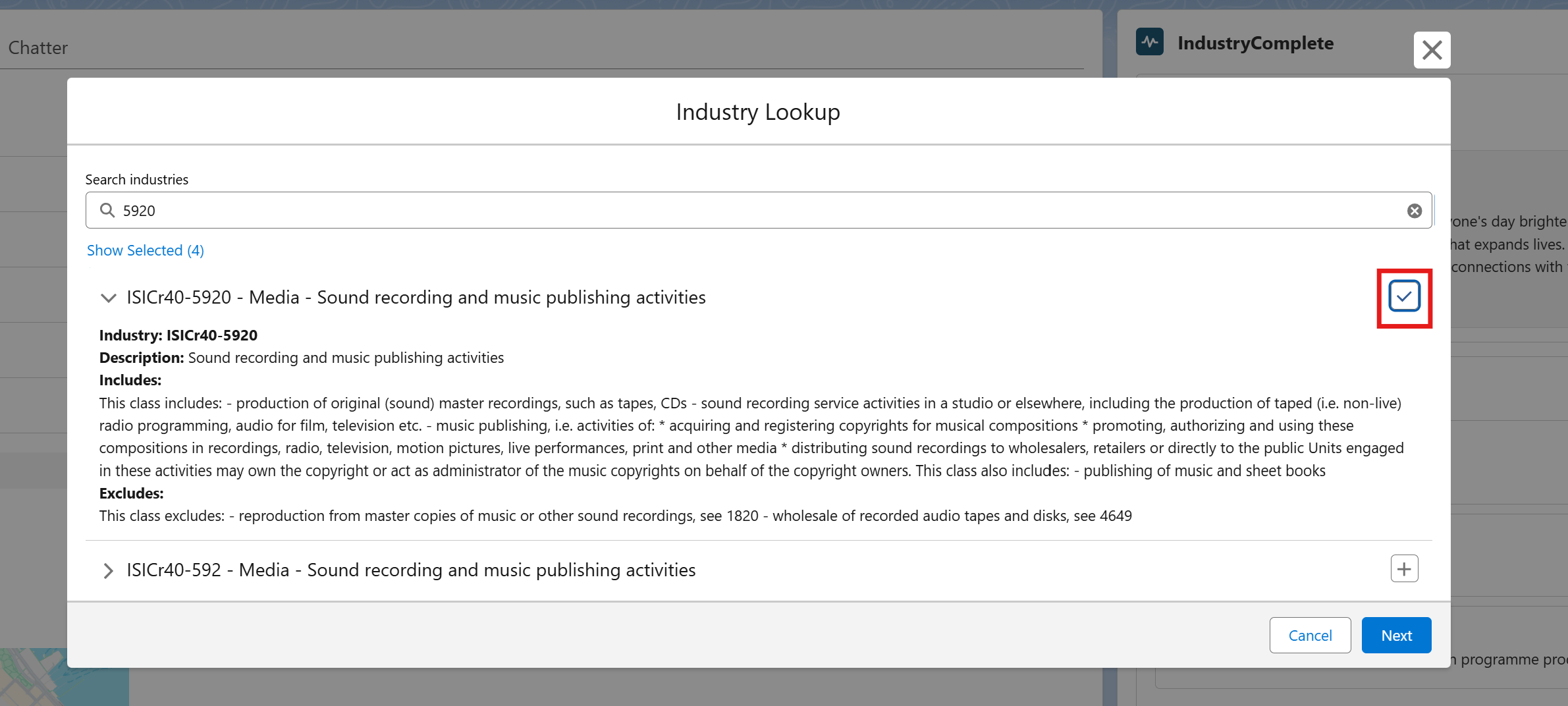 Searching for an industry code in the Add dialog of the Industries card on a record