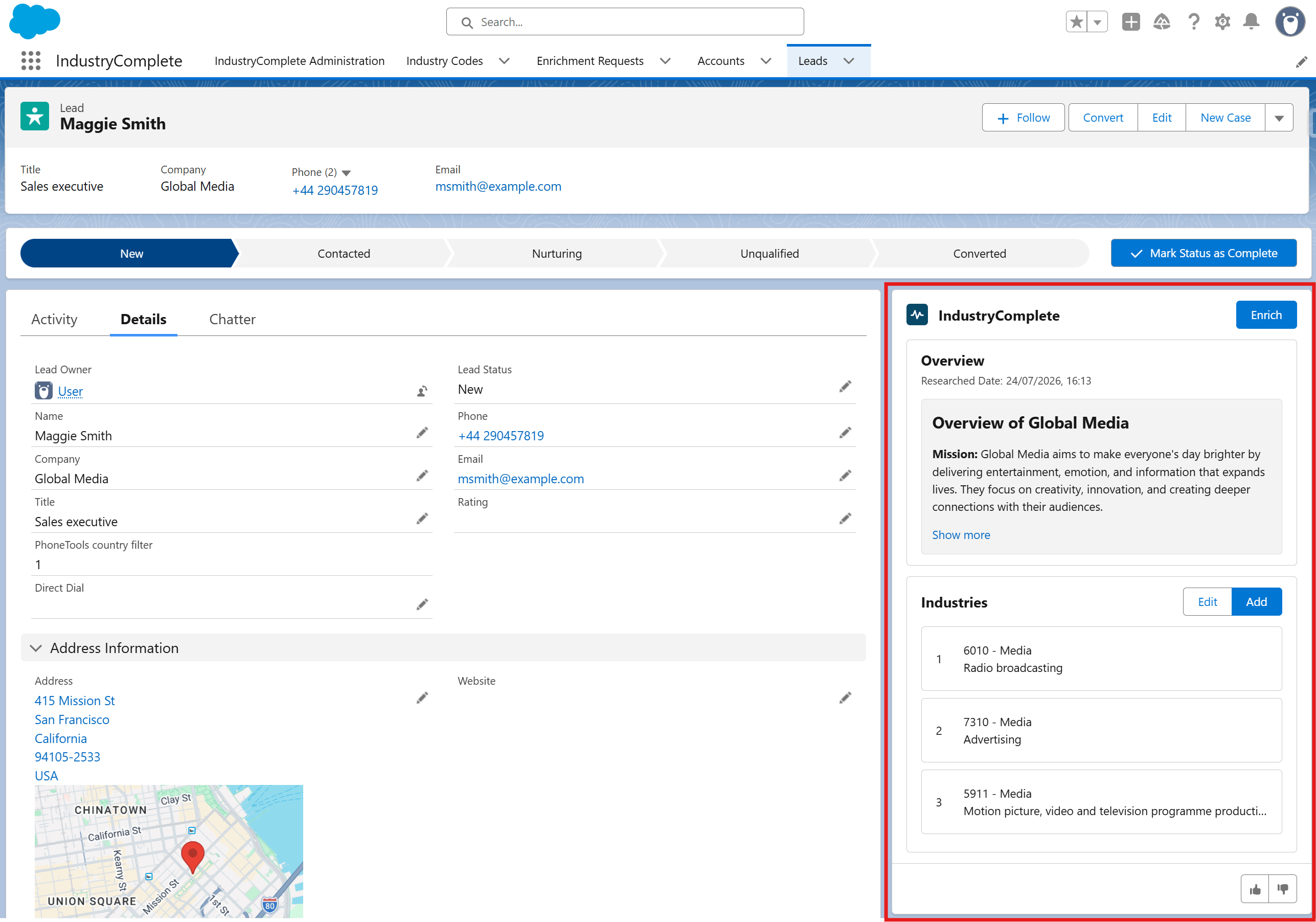 A completed enrichment on the Record Enrichment component (Lead or Account record), showing the AI-generated overview and updated industry codes