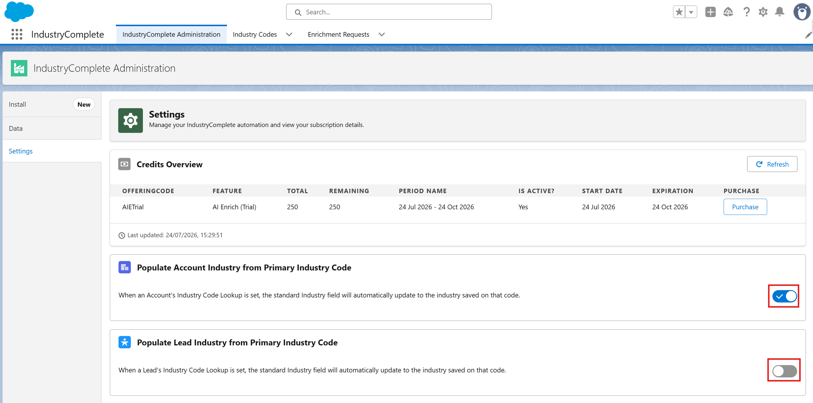 The Lead and Account Industry field population toggles on the Settings tab of IndustryComplete Administration